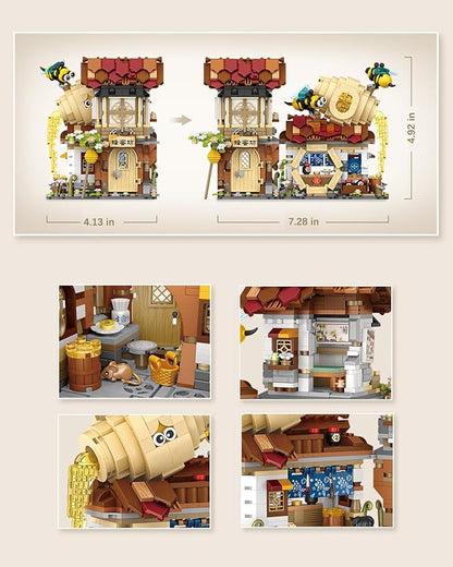 City Street View Honey Workshop Building Blocks Set, MOC Creative Bee Model Theme House, Simulation Architecture Construction Toy, Gifts Idea for Kids Adults (Mini Blocks 1242 pcs)