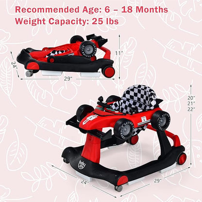 HOMGX Baby Walker with Wheels, Convertible Baby Push Walker & Race Car Mode, Infant Activity Center with Music Box, 3 Heights & 2 Speeds, Foldable Walkers for 6-18 Months (Red)