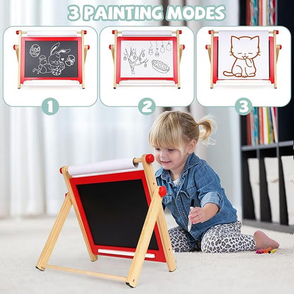 Kids Art Easel, Tabletop Easel for Kids,Wooden Double Sided Kids Easel with Magnetic Whiteboard,Chalkboard and Paper Roll,Great for Girls Boys Ages 3 4 5 Gift