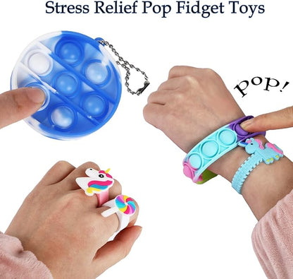 Fidget Purse, Pop Fidget Push It Bubble Popper Unicorn Bag with Bulk Fidget Bracelets Key Chain Stress Relief Toys for Girls Ages 3-12 Gift Easter Basket Stuffers Birthday Party Favor Xmas Stocking