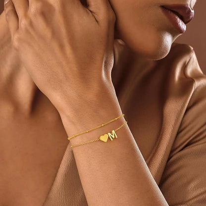 M MOOHAM Mothers Day Gifts for Kids Teens Girls - 14K-Gold-Plated Heart Initial A-Z Bracelets for Women Girl Dainty Gold Bracelets Birthday Mothers Day Gifts for Mom Grandma Teenage Girls Kids Teens