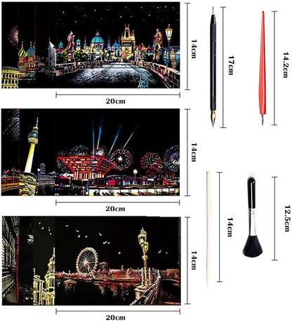 Georgie Porgy Scratch Paper Art Set DIY Arts and Crafts Kits for Kids Adults Magic Rainbow Scratch Postcards for Christmas Birthday Gift with Scratching Tools Kit (Europe Fireworks Architecture)