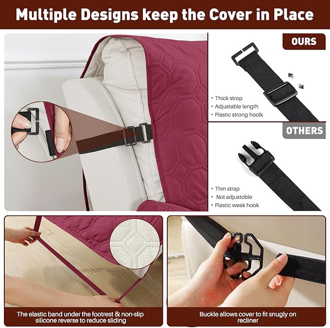 XINEAGE 100% Waterproof Recliner Chair Cover, Non Slip Covers for Recliner Chair with Pocket, Washable Dog Recliner Couch Cover with Elastic Straps (Wine Red, 22")