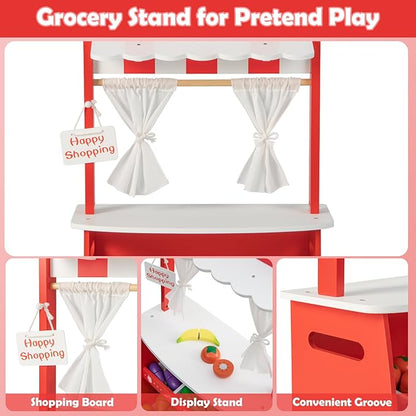 INFANS Grocery Store Marketplace Toy for Kids, Wooden Market Stand Pretend Play Set with 36 Cutting Vegetables Fruits Pieces, Role Food Shop Playset Gift for Boys Girls Ages 3+