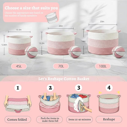 Artfeel 70L Large Cotton Rope Basket, Decorative Woven Blanket Storage for Living Room, Boho Toy Storage & Toy Box for Kids, Versatile Laundry Basket & Nursery Hamper for Blankets(Pink)