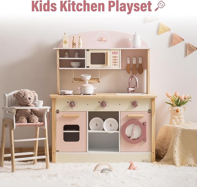 ROBUD Play Kitchen for Kids Toddlers, Wooden Play Kitchen with Realistic Accessories, Toy Kitchen Set with Plenty of Play Features, Modern Style Toy Kitchen for Girls & Boys, Gift for Ages 3+, Pink