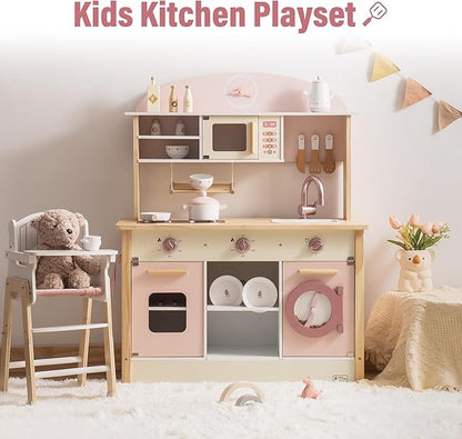 ROBUD Play Kitchen for Kids Toddlers, Wooden Play Kitchen with Realistic Accessories, Toy Kitchen Set with Plenty of Play Features, Modern Style Toy Kitchen for Girls & Boys, Gift for Ages 3+, Pink