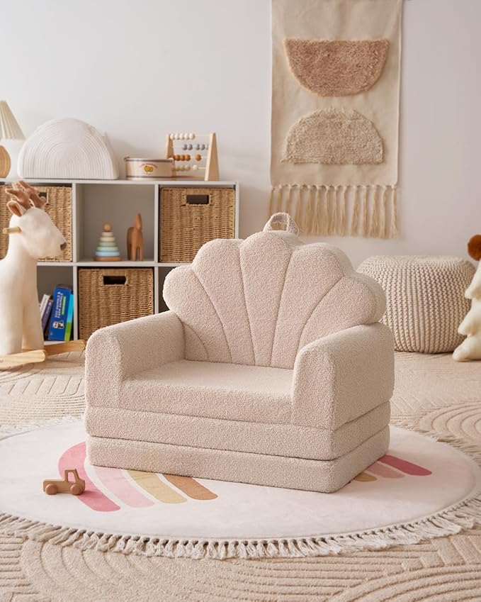 Blissful Diary Kids Couch, 2-in-1 Soft Toddler Couch Fold Out, Toddler Chair Comfy, Convertible Sofa to Lounger with Cute Shell Designs, Beige