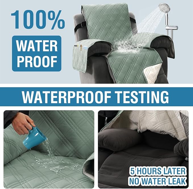 H.VERSAILTEX 100% Waterproof Couch Cover for Reclining Couch Reversible Recliner Covers for Large Recliner with Elastic Straps Sitting Width Up to 28" (Oversized Recliner, Lily Pad/Beige)