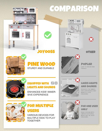 JOYOOSS Kids Play Kitchen Playset, Wooden Play Kitchen Kids Kitchen Playset Toy Toddler Kitchen Playset with Real Lights & Sounds, Play kitchen for toddlers 1-3 and Play Kitchen Sets for Kids Ages 4-8