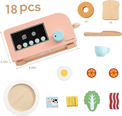 Toddler Kitchen Playset, Wooden Toy Toaster with Pretend Play Food Sets, 17Pcs Play Breakfast Playset Pop Up Toy, Play Toaster for Kids Boys and Girls Ages 3+
