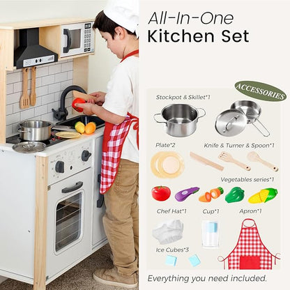 Tiny Land Play Kitchen for Kids, Wooden Kids Play Kitchen Playset Chef Pretend Play Set for Toddlers with Real Lights & Sounds, Toys Kitchen with 18 Pcs Toy Food & Cookware Accessories