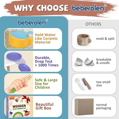 Wooden Play Dishes and Plates for Kids Kitchen Set Accessories for Toddlers 1-3 Cooking Toys Tea Cups for Kids Kitchen Birthday Gift for 3 4 5 Year Old Boys Girls