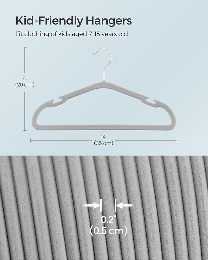 SONGMICS Kids Hangers 50 Pack, 14 x 8 Inches, Baby Hangers for Closet, Non-Slip Velvet Hangers, Childrens Hangers, Space-Saving Clothes Hangers, Wide Shoulder Notches, Dove Gray UCRF038G01