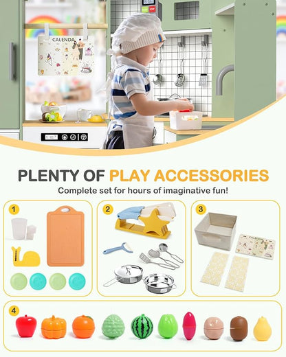 Babytronic Corner Wooden Play Kitchen Set for Kids w/Lights & Sounds, Pretend Play Kitchen Playset with Stove, Microwave, Ice Maker & Accessories, Perfect for Toddlers & Multiple Children (Green)