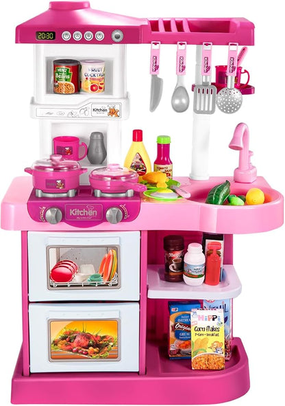 TEMI Play Kitchen Playset Pretend Food - 53 Pieces Pink Kitchen Toys for Toddlers, Toy Accessories Toddler Set with Sound and Light, Toddler Outdoor Playset for Kids, Girls and Boys