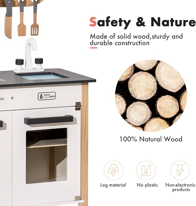 ROBUD Wooden Play Kitchen, Kids Kitchen Playset with Realistic Design, Toy Kitchen Gift for Boys and Girls, Age 3+