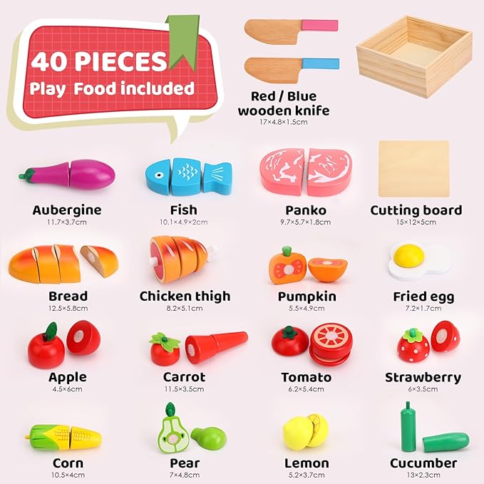 Holicolor 40pcs Wooden Play Food, Pretend Play Food Sets for Kids Kitchen, Cutting Fake Food Toy Educational Play Kitchen Food with Fruits and Vegetables for Toddler Birthday Gift