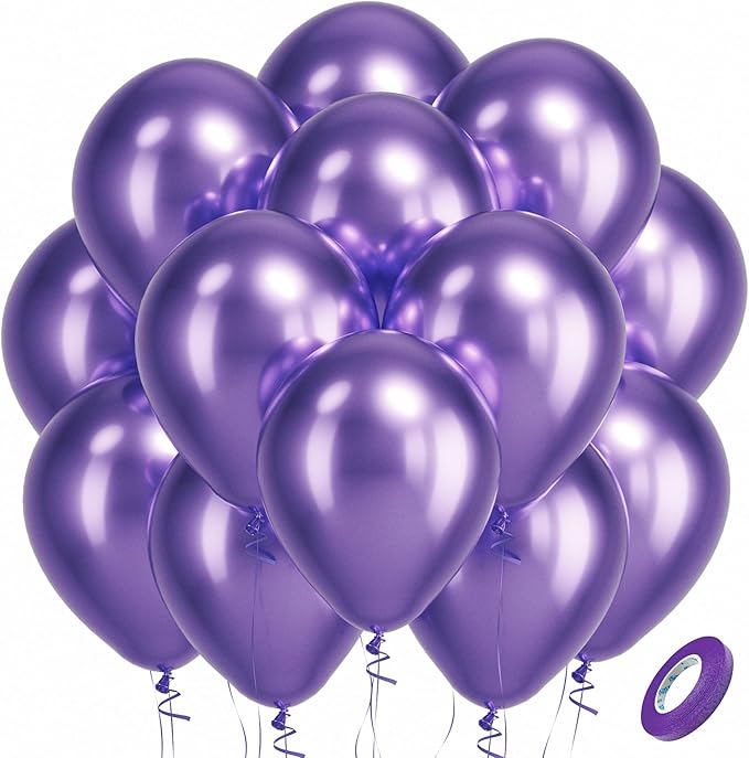 Bezente Metallic Purple Latex Party Balloons - 100 Pack 12 inch Round Helium Chrome Purple Balloons for Bachelorette Princess Wedding Engagement Birthday Party Decorations
