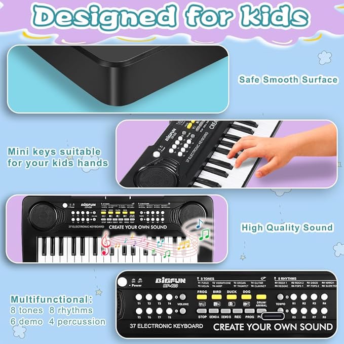 Keyboard Piano for Kids, BIGFUN 37 Keys Toddler Piano Multifunction Music Educational Instrument Toy, Electronic Kids Keyboard for 3-7 Year Old Girls and Boys (Black)