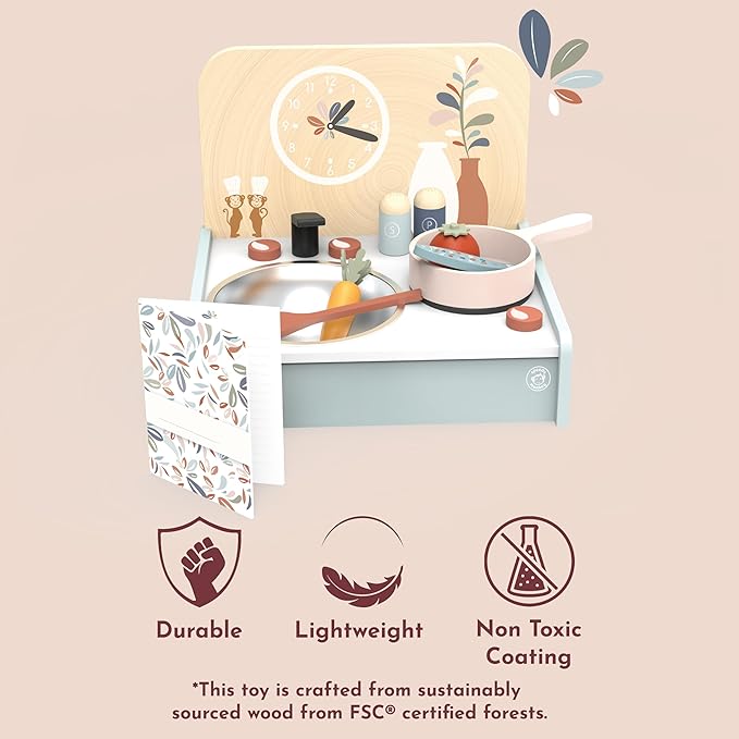 SPEEDY MONKEY Table-Set Kitchen with 8 Accessories, Portable Wooden Kitchen Toy with Stovetop, Spatula, Pan & More, Encourages Creative Play, Ideal for Kids to Cook, Serve and Clean Up