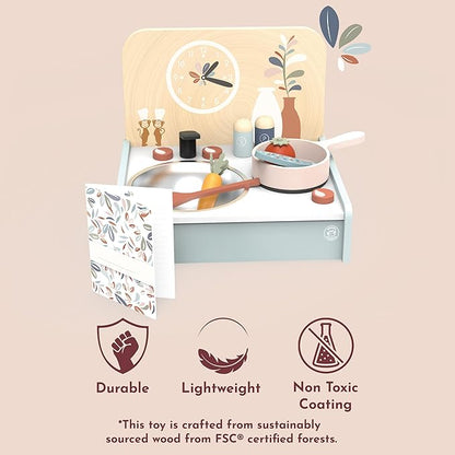 SPEEDY MONKEY Table-Set Kitchen with 8 Accessories, Portable Wooden Kitchen Toy with Stovetop, Spatula, Pan & More, Encourages Creative Play, Ideal for Kids to Cook, Serve and Clean Up