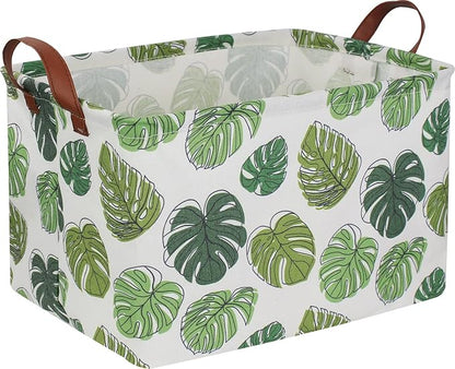 NTAOHAMPER Rectangular Green Storage Basket, Waterproof Safari Nursery Box with Handles for Bedroom, Jungle Theme Gifts Basket, Momstera Decor(Leaf)