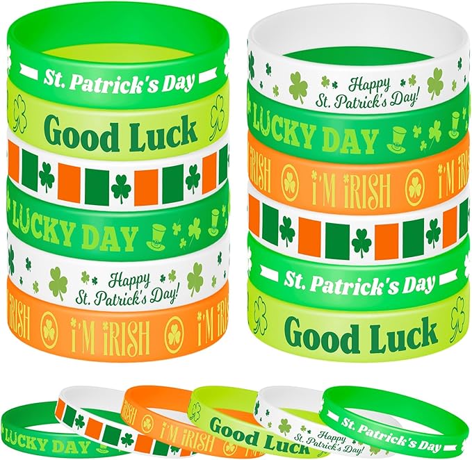 NEBURORA 24 Pcs St. Patrick's Day Silicone Bracelets Green Lucky Shamrock Rubber Wristbands for St Patricks Day Accessories Party Decoration Favors
