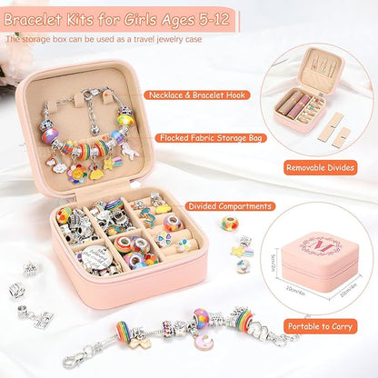 Charm Bracelet Making Kit for Girls 3-12, Kids Jewelry Making Kit 66Pcs Jewelry Kits for Girls Ages 8-12 Jewelry Maker Craft Necklace Birthday Christmas Gifts with Initial Jewelry Organizer Box - F