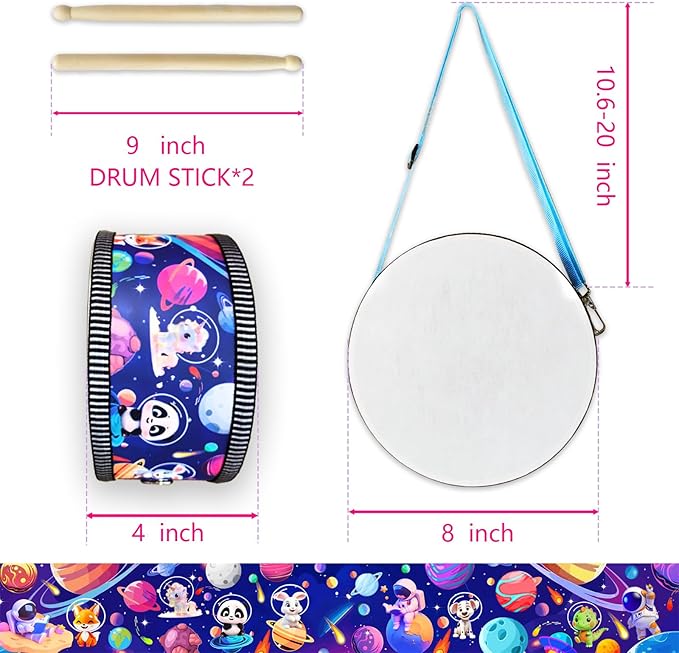 Kid Drum Set,8 Inch Wooden Drum Toys,Sensory Educational Musical Instrument Toy with Adjustable Strap,2 Drumsticks for Toddler,Baby Girls Boys, Astronauts Animals Dinosaurs