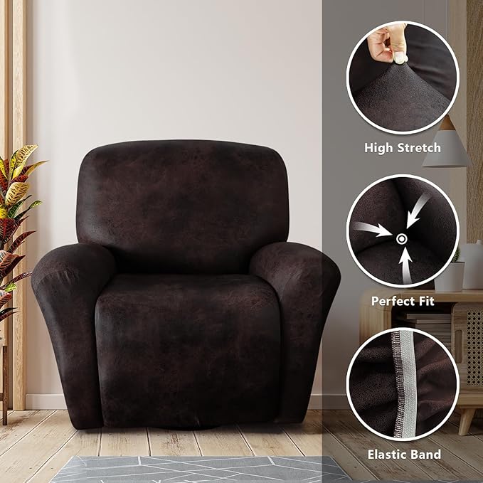 molasofa Recliner Chair Covers - 4 Pieces Leather Like Large Recliner Chair Covers with Pocket Waterproof Non Slip Stretch Recliner Slipcover for Lazy Boy Recliner Chair Washable (Chocolate)