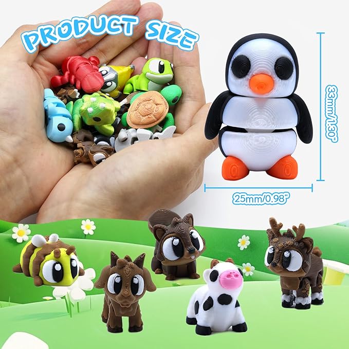 50 Pcs Mini 3D Printed Animals Figurines Set, 3D Printed Toys for Kids, Easter Basket Stuffers for Boys and Girls, School Classroom Prizes, Party Favors, Flexible Articulated Fidget Toys
