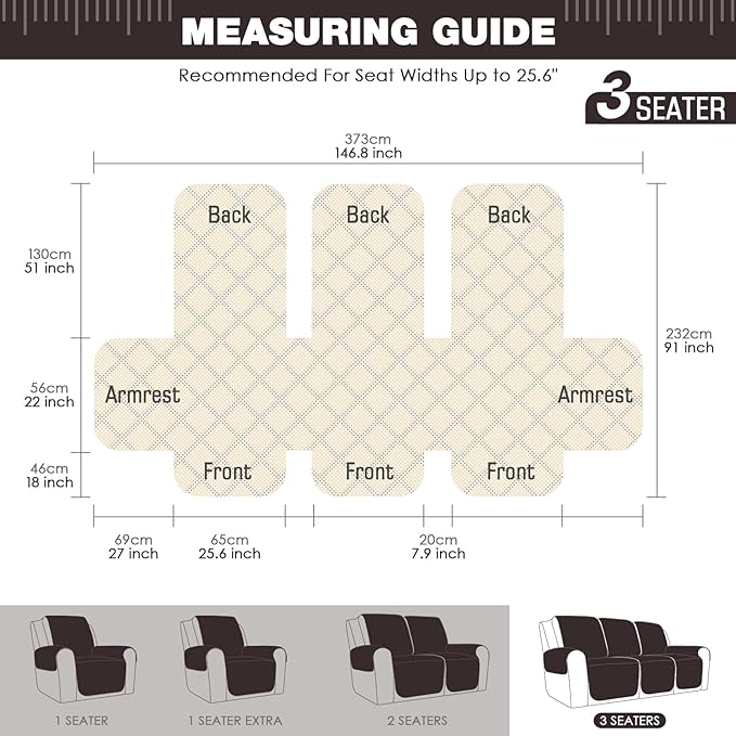 TAOCOCO Recliner Sofa Slipcover Couch Covers for 3 Cushion Couch, Pet Sofa Cover for 3 Seat Recliner Sofa, Washable Reclining Sofa Cover Furniture Protector with Elastic Straps(3 Seater, Chocolate)
