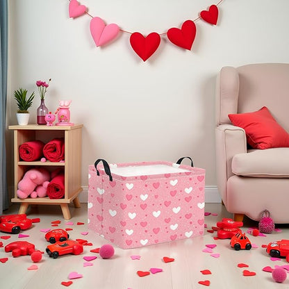 HIYAGON Rectangular Valentines Basket Baby Girl Storage Bin Pink Basket Organizer Box Heart Room Decor(Pink Hearts)