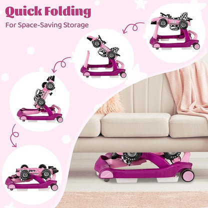 GLACER Foldable Baby Walker, 4-in-1 Infant Walker with Adjustable Height & Speed, Music, Light, Steering Wheel & Washable Cushion, Baby Walker Activity Center for Boys Girls 6 –18 Months (Purple)