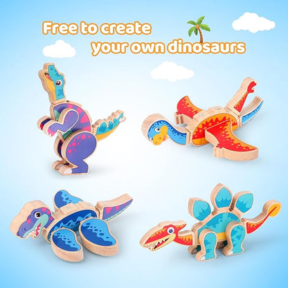 Dinosaur Building Blocks Toys, Magnetic Wooden Building Blocks with Stem Take Apart Dinos Playset, Promoting Montessori Fine Motor Skills, Great Gift for Kids 3-5 Years Old