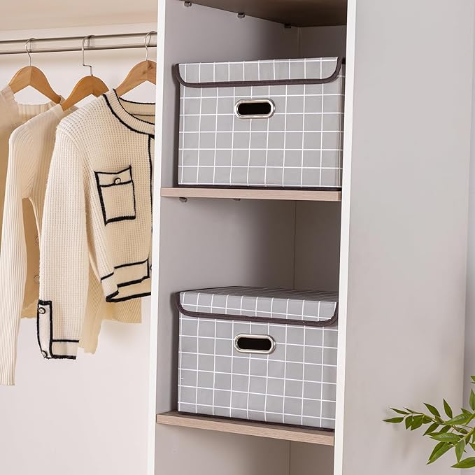 STOREONE Fabric Storage Cube Bins Foldable Organizer Container Collapsible Basket with Lids and Metal Handles, for Home, Bedroom, Closet 6 Pcs (Grey grid)