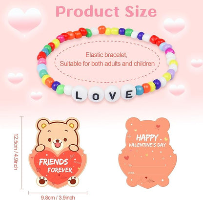 Valentines Day Cards for Kids Classroom, 24 Pack Valentines Gift Cards with Friendship Bead Bracelets, Valentines Gift Exchange for Boys Girls, Valentines Party Favors Supplies for Kids