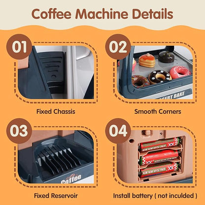 Pretend Role Play Toy Kids Coffee Maker Playset, ACROFEK Toy Coffee Maker with Sound Light, Play Coffee Maker Set for Kids with Fake Donuts (41PCS)