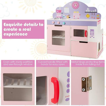 HONEY JOY Pink Kids Kitchen Playset, Double Side Little Chef Play Kitchen for Toddler & Cafe Shop, Cooking Utensil, Microwave, Storage Cabinet, Wooden Pretend Play Toy Kitchen Set, Gift for Boys Girls