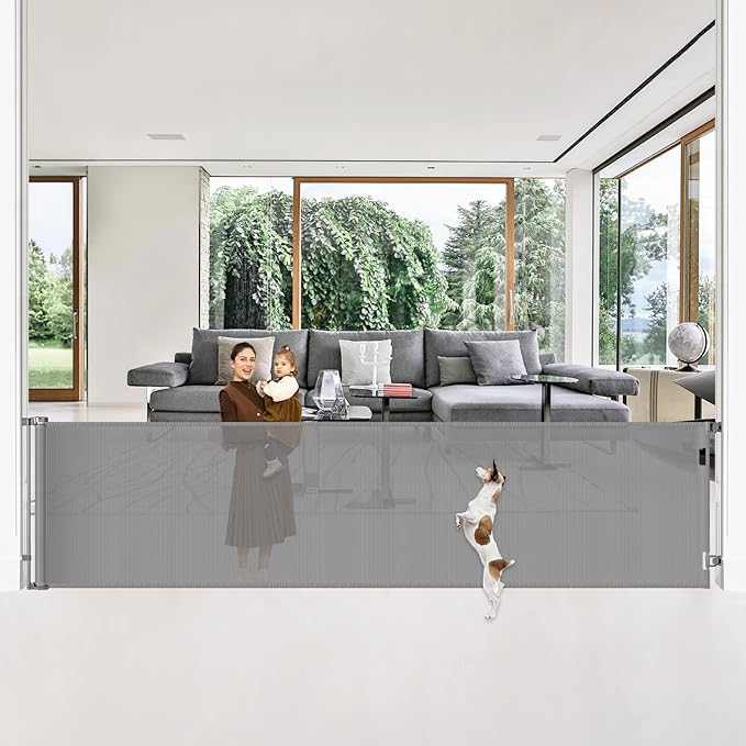 42" Tall X 160" Extra Wide Retractable Dog Gate, Extra Tall Pet Gates for Wide Openings, Extra Long Baby Gates for Doorways Tall Mesh Dog Gate Indoor Child Safety Gate Outdoor Deck Gate, Gray