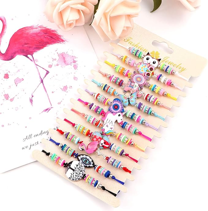 Lorfancy 12 Pcs Kids Girls Bracelets Jewelry Animal Pendant Unicorn Owl Cute Bracelet Multicolor Rhinestone Woven Friendship Bracelets for Party Favors Pretend Play Bracelets Kids