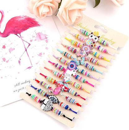 Lorfancy 12 Pcs Kids Girls Bracelets Jewelry Animal Pendant Unicorn Owl Cute Bracelet Multicolor Rhinestone Woven Friendship Bracelets for Party Favors Pretend Play Bracelets Kids