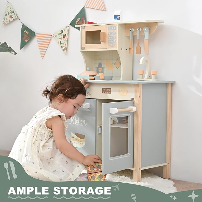 Play Kitchen for Toddlers, Kids Kitchen Playset Toy Kitchen Set, Toddler Kitchen Playset Wooden with with Faucet, Oven, Cookware Accessories
