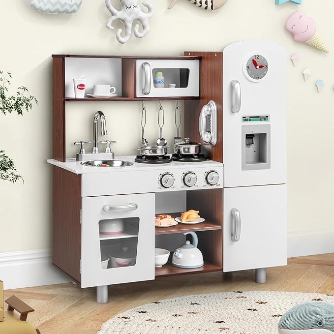 KOTEK Play Kitchen Set for Kids, Wooden Toddler Kitchen Playset with Water Dispenser w/Lights Sounds, Stove, Oven, Fridge, Microwave & Sink, Gift Chef Pretend Play Toy for Girls Boys (Walnut+White)