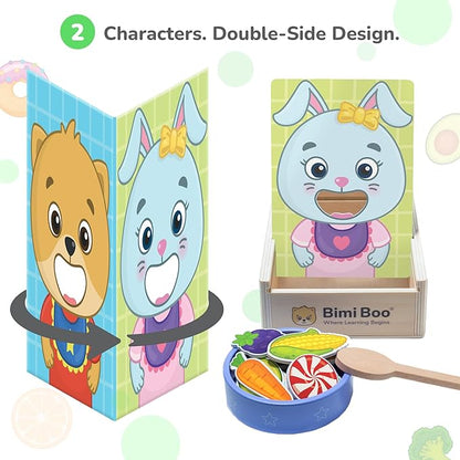 Bimi Boo Wooden Feeding Toy for Toddlers Ages 1-4+ - Pretend Food Game for Preschoolers, Play Food Set for Kids, Learning Resources Food Group Activities - 27 Various Foods, a Spoon, Bowl