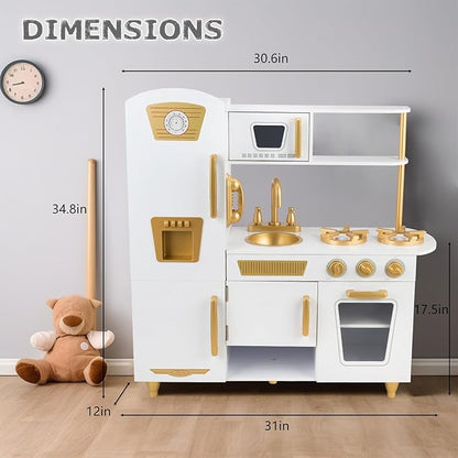 Kitchen Playset for Kids Ages 3-8, Wooden Pretend Play Kitchen with Realistic Sounds, Including Telephone, Ice Maker, Refrigerator, Dimensions: 35” H x 31” W x 12” D (White)