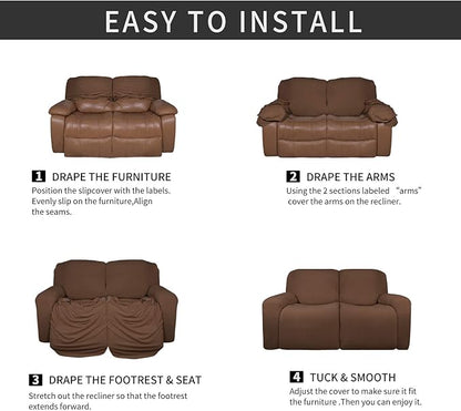 Easy-Going 6 Pieces Microfiber Stretch Sectional Recliner Sofa Slipcover Soft Fitted Fleece 2 Seats Couch Cover Washable Furniture Protector with Elasticity for Kids(Recliner Loveseat, Brown)