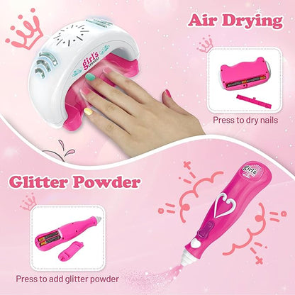Kids Nail Polish Set for Girls Ages 5-12 Years Old, All-in-One Nail Art Kit with Nail Dryer/Glitter Pen/Nail Polish/Glitter Powder/Toe Separator/File, Toys Gifts for Girl 5 6 7 8 9 10 11 12