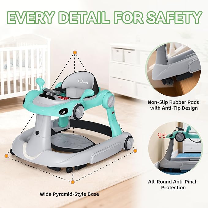 Baby Walker with Wheels, 7-in-1 Foldable Baby Walkers for Boys Girls 6-12 Months with Feeding Tray & Music, Lights,Rocker,Sun Canopy, Bouncing Pedal, Adjustable Wheel Speed, Push Walker(Green)
